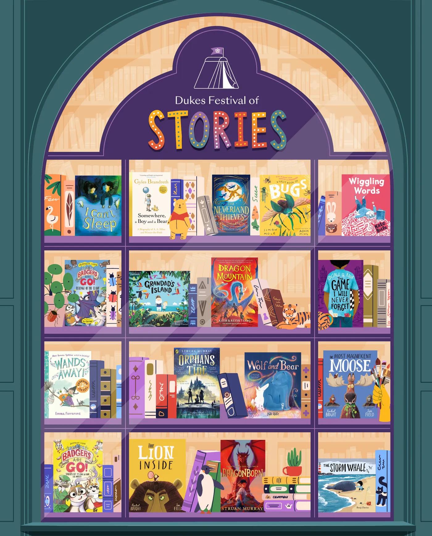 Dukes Festival of Stories: a bookshelf filled with books by this year's authors and illustrators