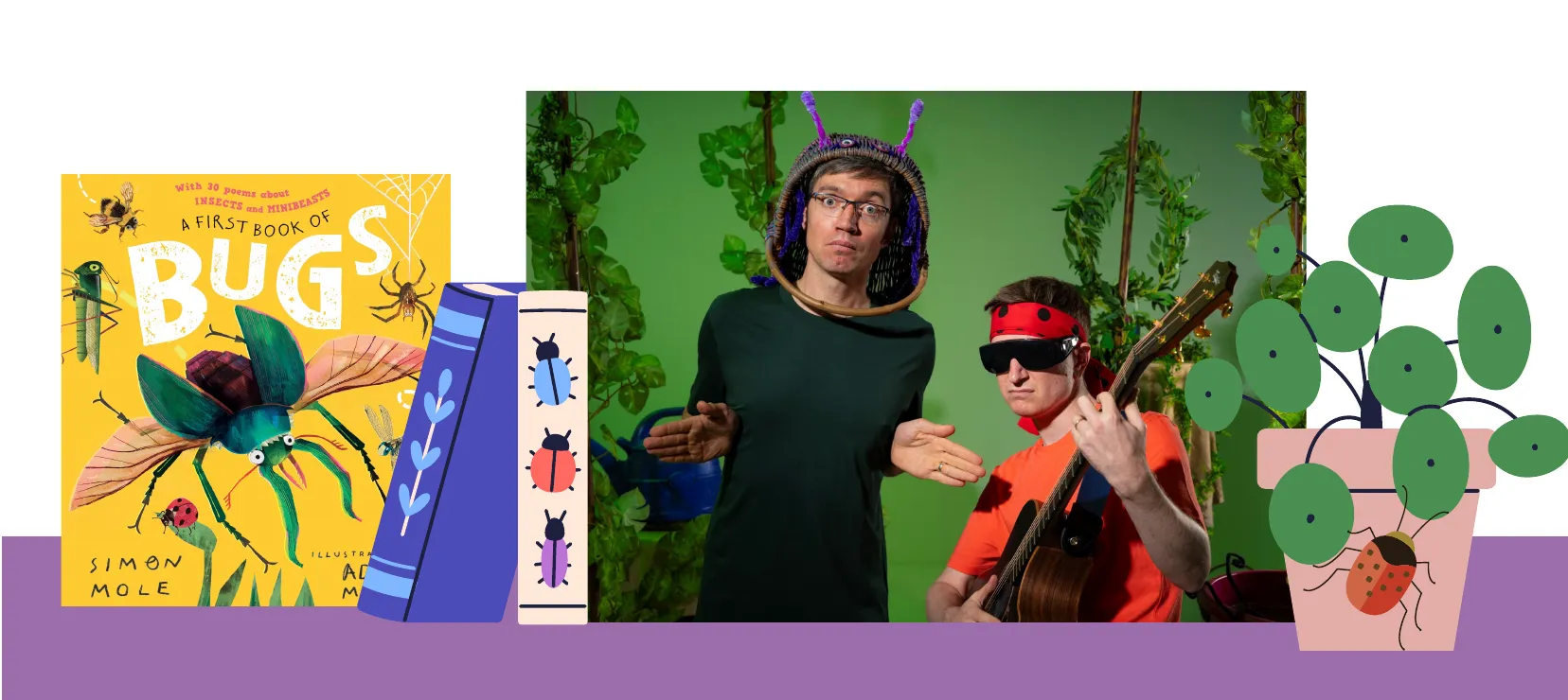 Simon Mole and Gecko performing, with the book A First Book of Bugs